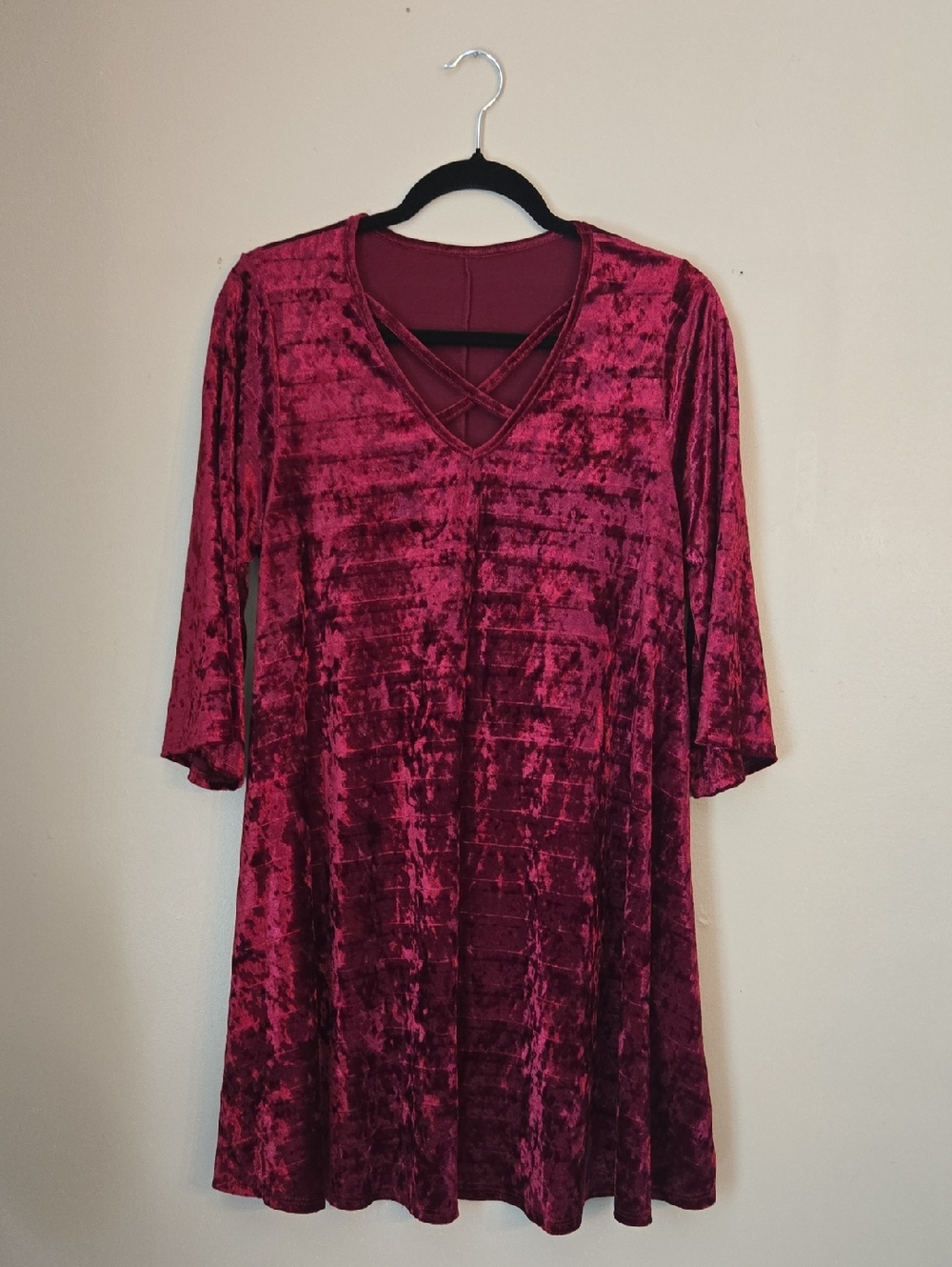 Crushed Velvet V-Neck Swing Dress in Wine